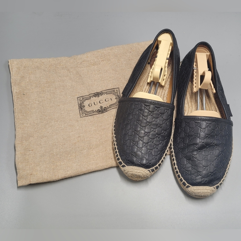 GUCCI 567106 Microguccissima Leather Espadrilles Black Women 7 Eu 37 1/2 Chic